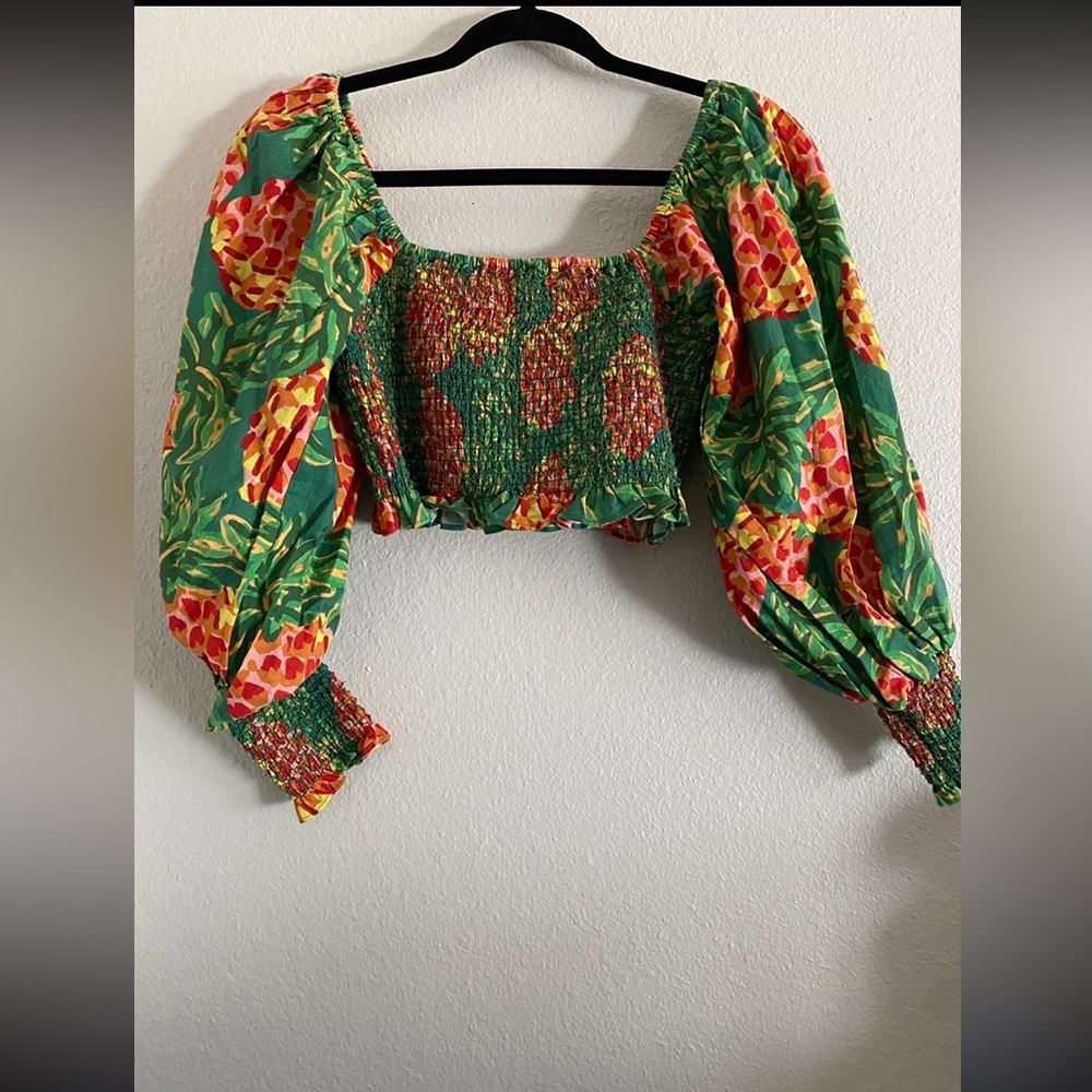 Farm Rio Crop Top Puff Sleeve Smocked Tropical Colorful Resort Beach Cruise